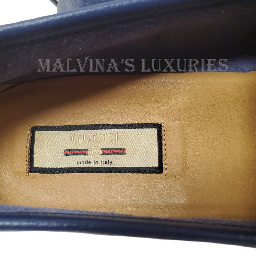GUCCI SHOES MENS BLUE LEATHER MOCCASIN LOAFERS w HORSEBIT WEB sz 12.5G 13 - Picture 10 of 15